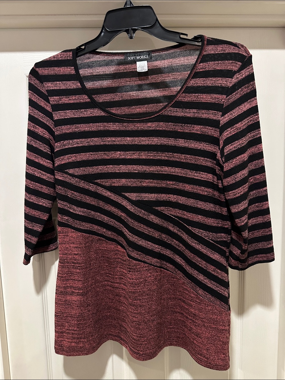 Soft Works Women's Black and Rose Pink Striped Scoop Neck Top
